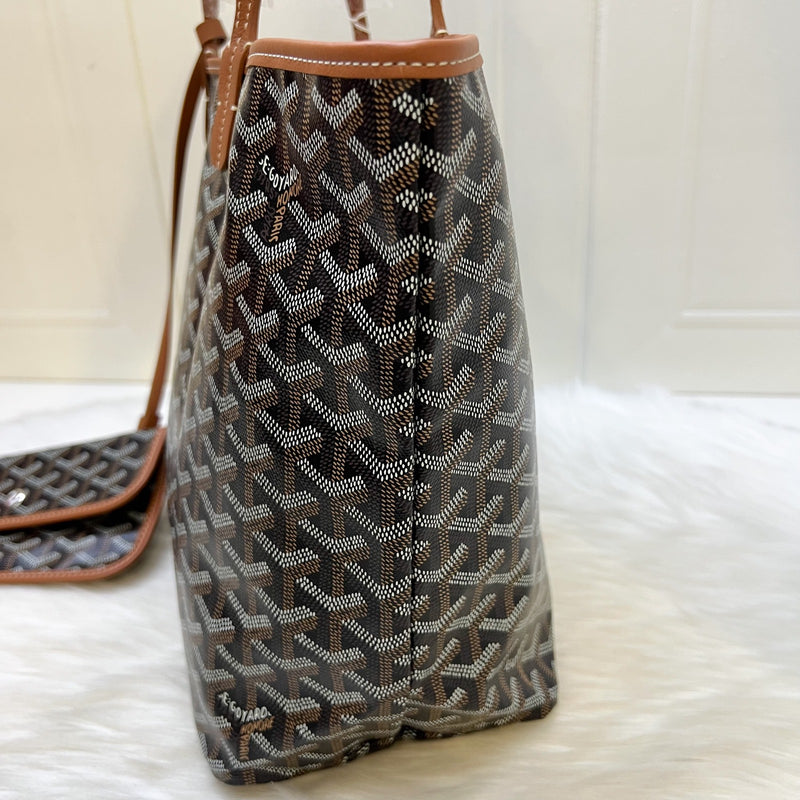 Goyard St Louis PM Tote in Black Signature Goyardine Canvas and Brown Trim