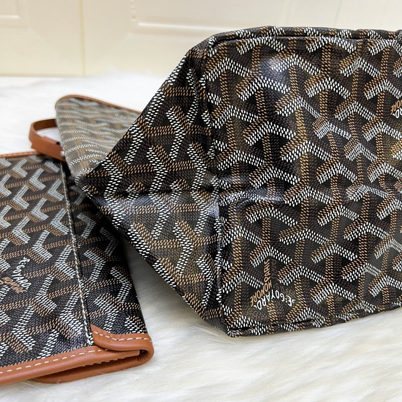 Goyard St Louis PM Tote in Black Signature Goyardine Canvas and Brown Trim