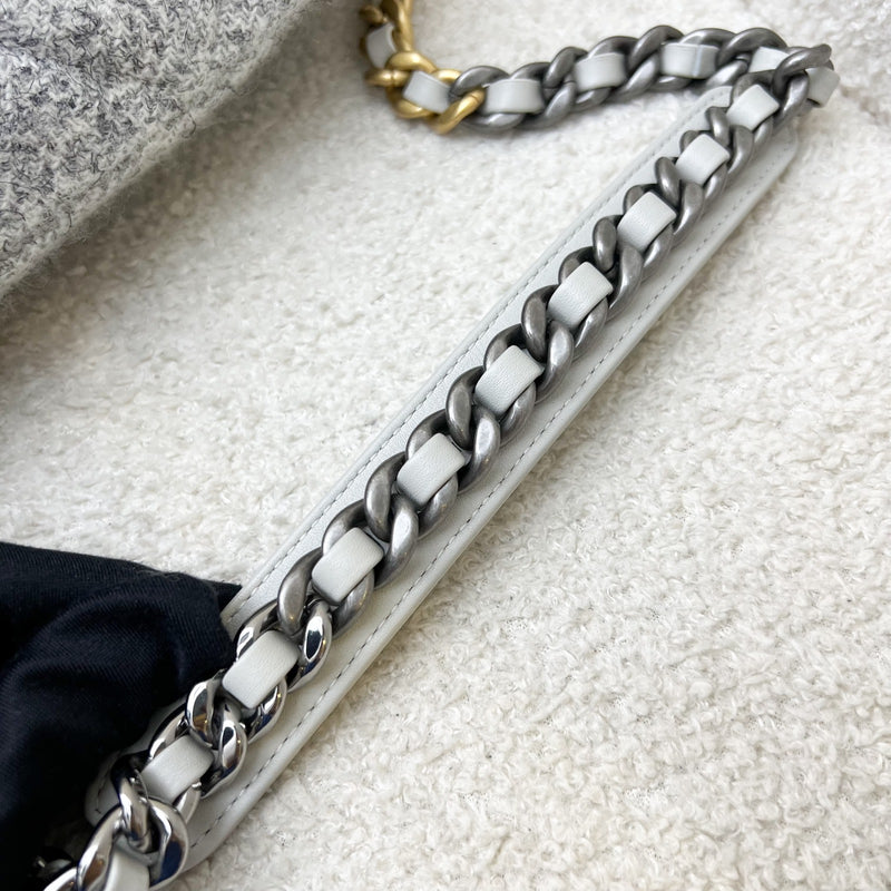 Chanel 19 Small Flap Bag in Light Grey Tweed and 3-Tone HW