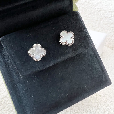 Van Cleef & Arpels VCA Sweet Alhambra Earrings with Mother of Pearl MOP in 18K White Gold