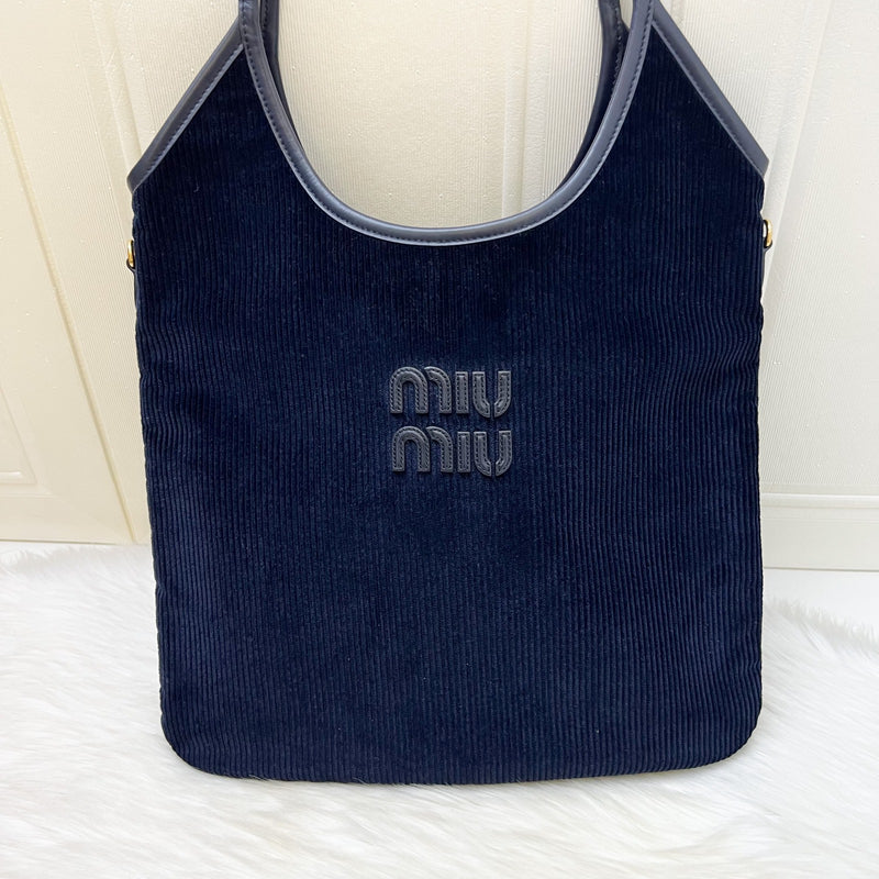 Miu Miu Ivy Tote Bag in Navy Blue Corduroy and GHW