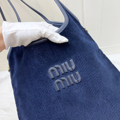 Miu Miu Ivy Tote Bag in Navy Blue Corduroy and GHW