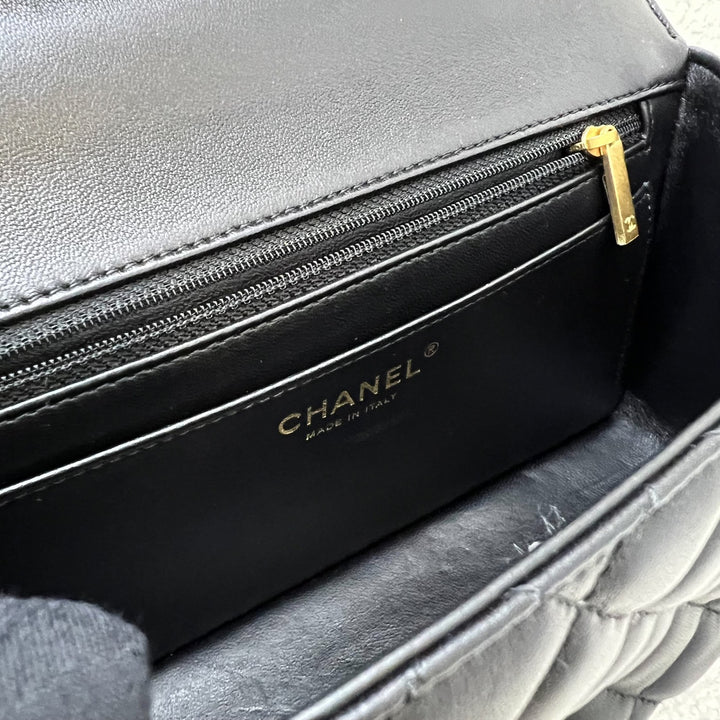 Chanel 23K Small Flap with Top Handle in Black Lambskin and AGHW