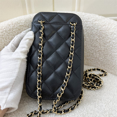 Chanel Zippy Phone Holder with Chain in Black Caviar LGHW