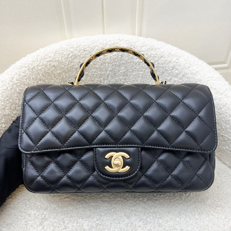 Chanel 23K Small Flap with Top Handle in Black Lambskin and AGHW (Model: AS4408)