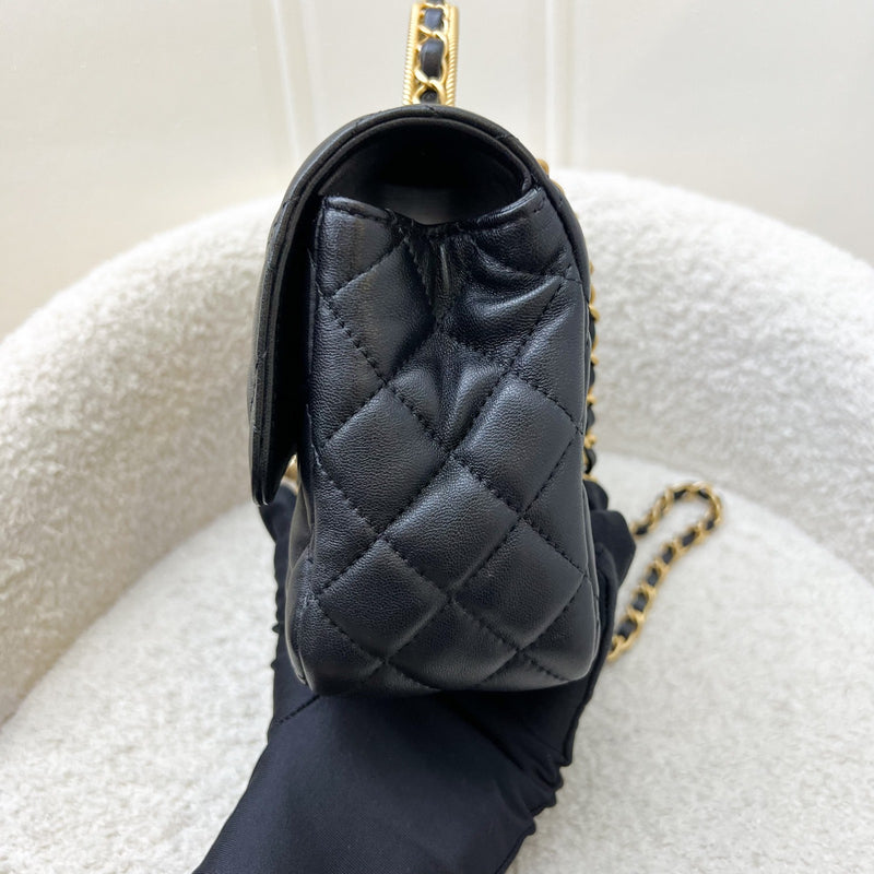 Chanel 23K Small Flap with Top Handle in Black Lambskin and AGHW (Model: AS4408)