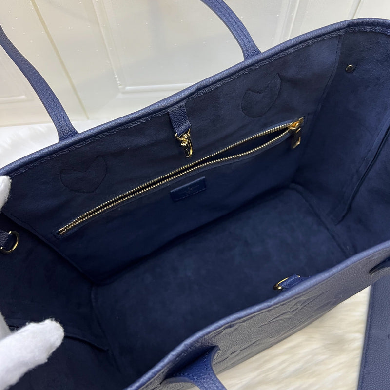 LV Neverfull MM Tote in Navy Giant Monogram Empreinte Leather and GHW (With Attached Pouch)