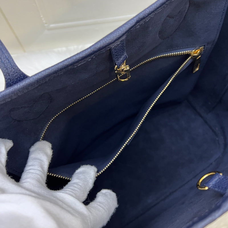 LV Neverfull MM Tote in Navy Giant Monogram Empreinte Leather and GHW (With Attached Pouch)