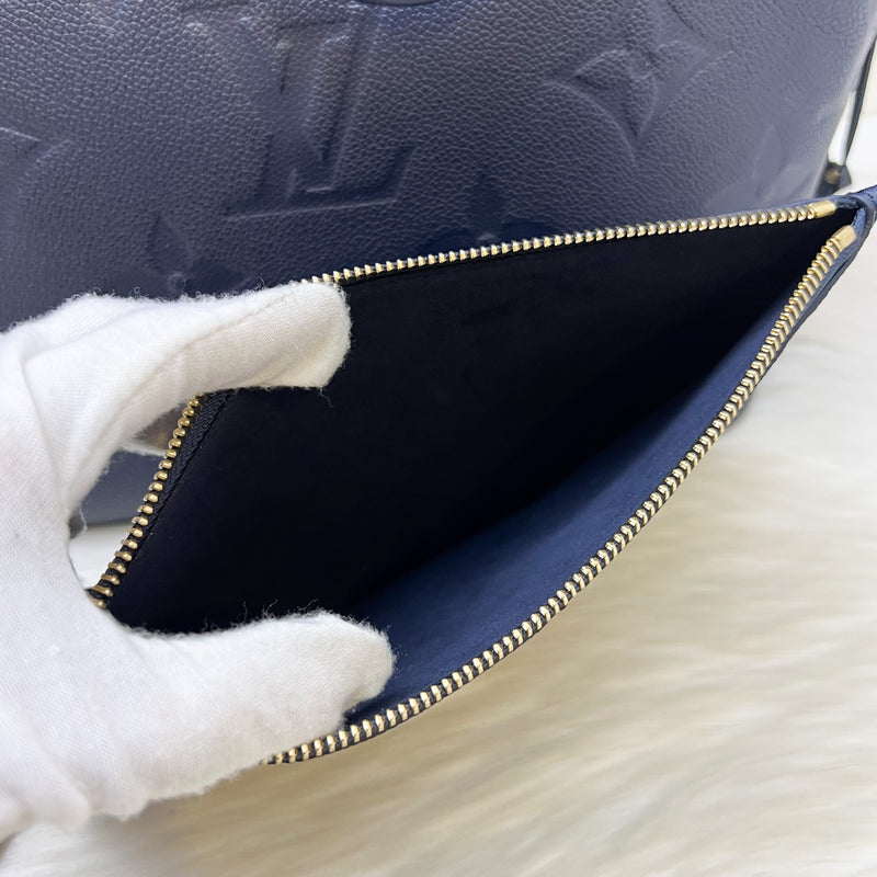 LV Neverfull MM Tote in Navy Giant Monogram Empreinte Leather and GHW (With Attached Pouch)