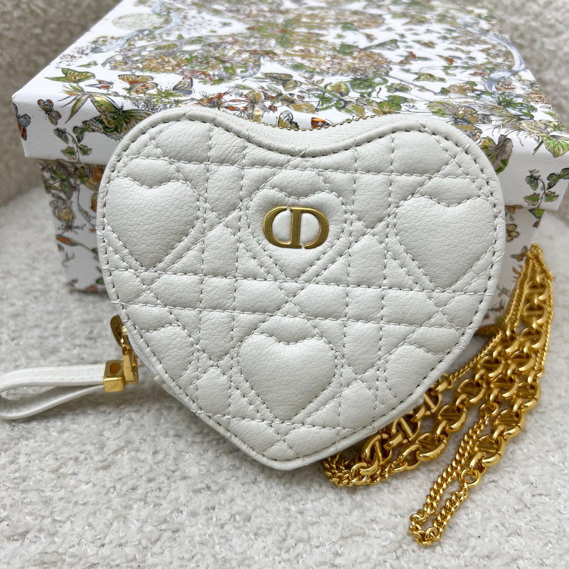 Dior Caro Heart Pouch with Chain in White Calfskin and GHW