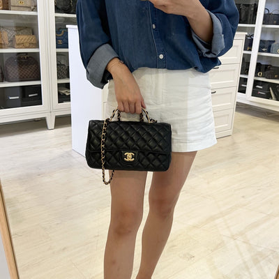 Chanel 23K Small Flap with Top Handle in Black Lambskin and AGHW (Model: AS4408)