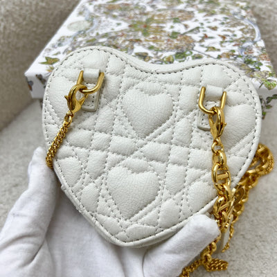 Dior Caro Heart Pouch with Chain in White Calfskin and GHW