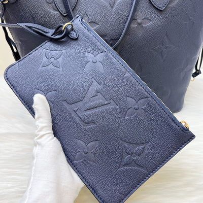 LV Neverfull MM Tote in Navy Giant Monogram Empreinte Leather and GHW (With Attached Pouch)
