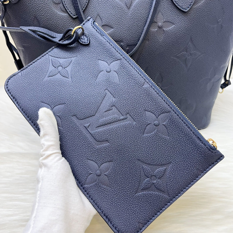 LV Neverfull MM Tote in Navy Giant Monogram Empreinte Leather and GHW (With Attached Pouch)