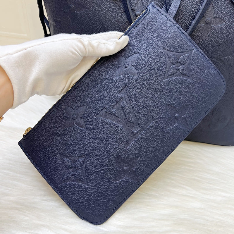 LV Neverfull MM Tote in Navy Giant Monogram Empreinte Leather and GHW (With Attached Pouch)