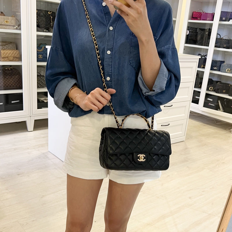 Chanel 23K Small Flap with Top Handle in Black Lambskin and AGHW (Model: AS4408)