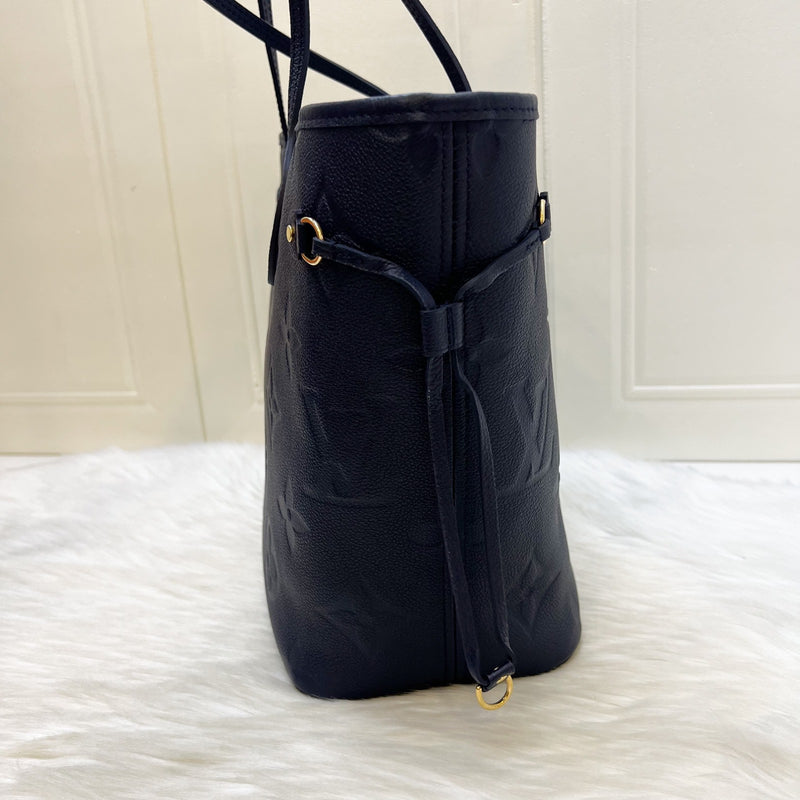 LV Neverfull MM Tote in Navy Giant Monogram Empreinte Leather and GHW (With Attached Pouch)