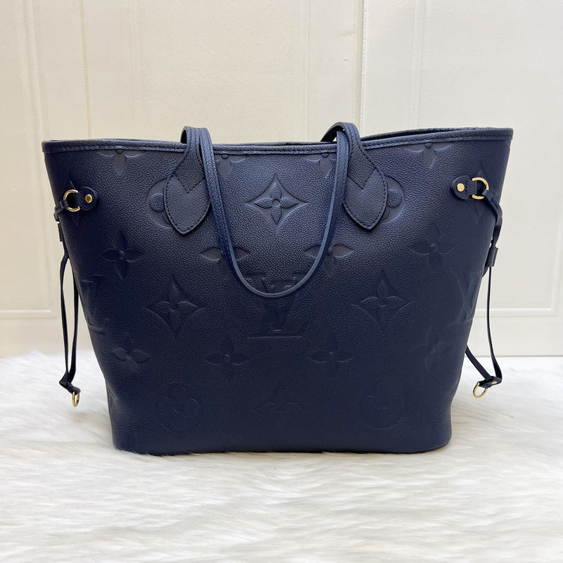 LV Neverfull MM Tote in Navy Giant Monogram Empreinte Leather and GHW (With Attached Pouch)