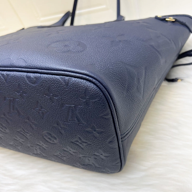 LV Neverfull MM Tote in Navy Giant Monogram Empreinte Leather and GHW (With Attached Pouch)