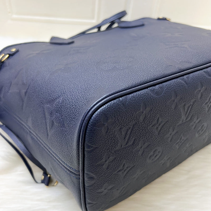 LV Neverfull MM Tote in Navy Giant Monogram Empreinte Leather and GHW (With Attached Pouch)