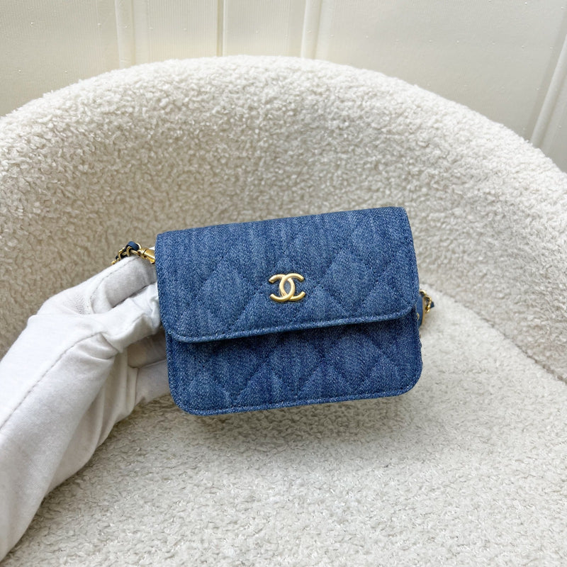 Chanel 22C Pearl Crush Flap Coin Purse / Card Holder in Denim and AGHW