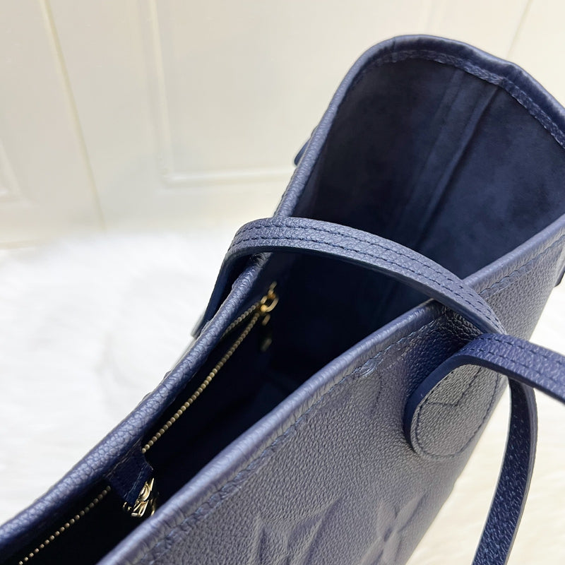 LV Neverfull MM Tote in Navy Giant Monogram Empreinte Leather and GHW (With Attached Pouch)