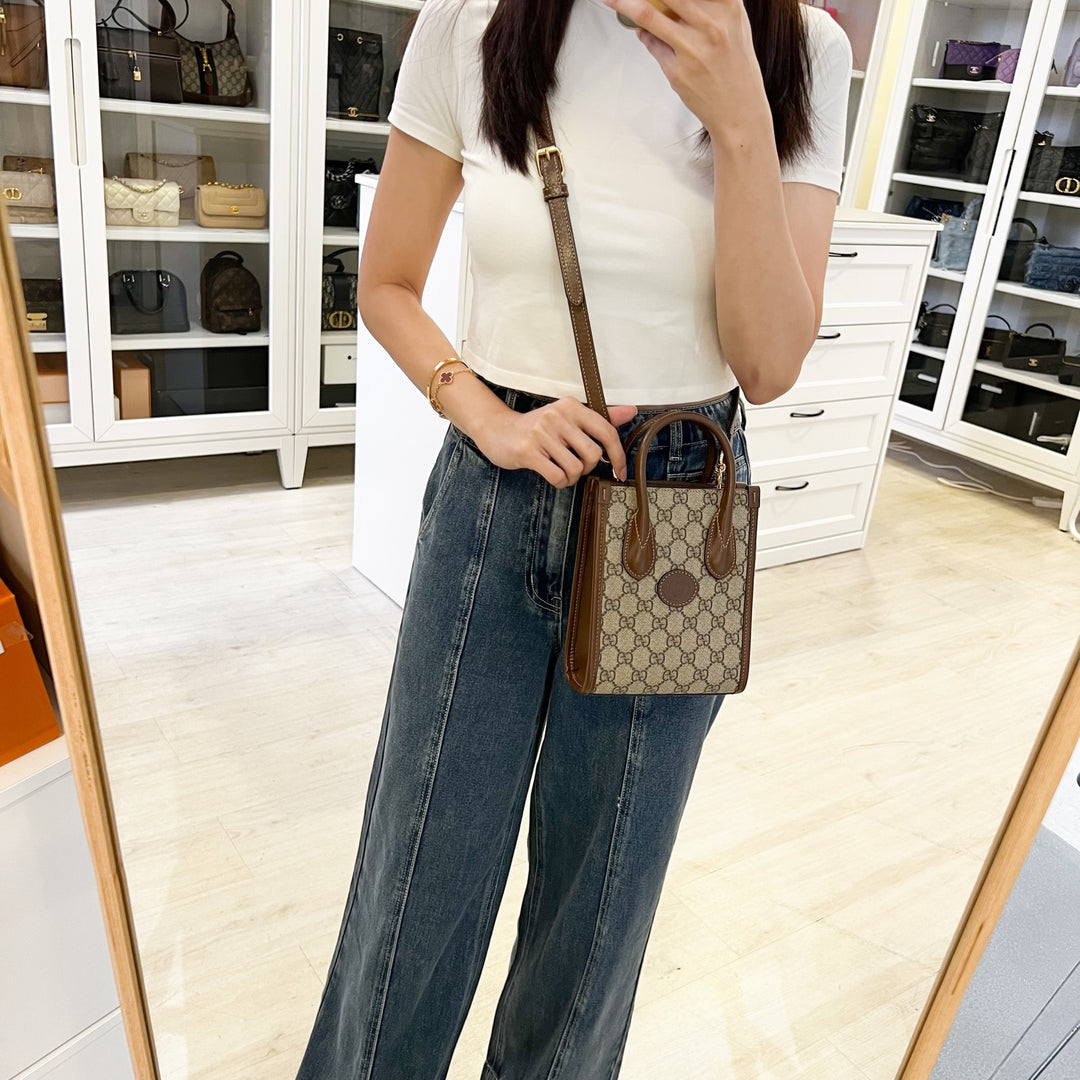 Gucci Interlocking G Mini Tote Bag in GG Supreme Canvas with Brown