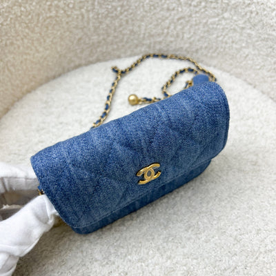 Chanel 22C Pearl Crush Flap Coin Purse / Card Holder in Denim and AGHW