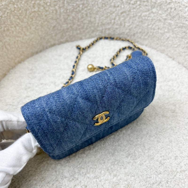 Chanel 22C Pearl Crush Flap Coin Purse / Card Holder in Denim and AGHW