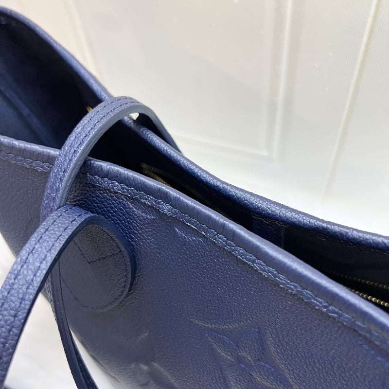 LV Neverfull MM Tote in Navy Giant Monogram Empreinte Leather and GHW (With Attached Pouch)