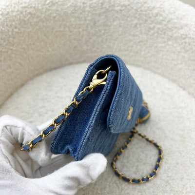 Chanel 22C Pearl Crush Flap Coin Purse / Card Holder in Denim and AGHW