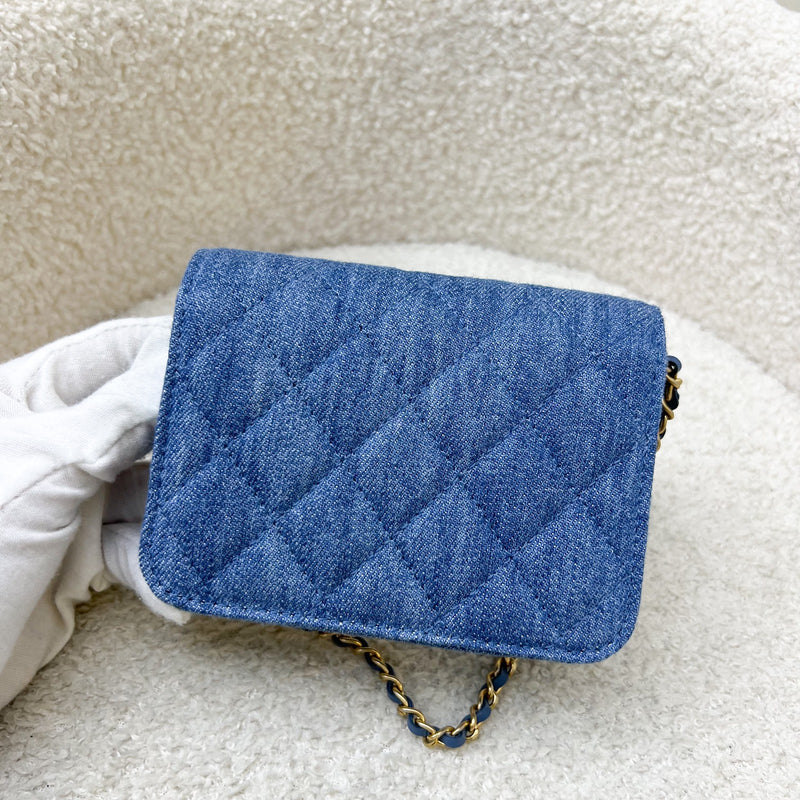 Chanel 22C Pearl Crush Flap Coin Purse / Card Holder in Denim and AGHW