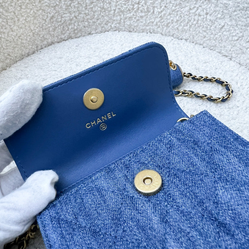 Chanel 22C Pearl Crush Flap Coin Purse / Card Holder in Denim and AGHW