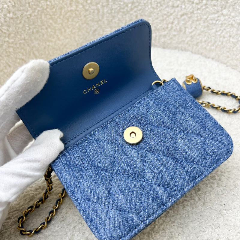 Chanel 22C Pearl Crush Flap Coin Purse / Card Holder in Denim and AGHW