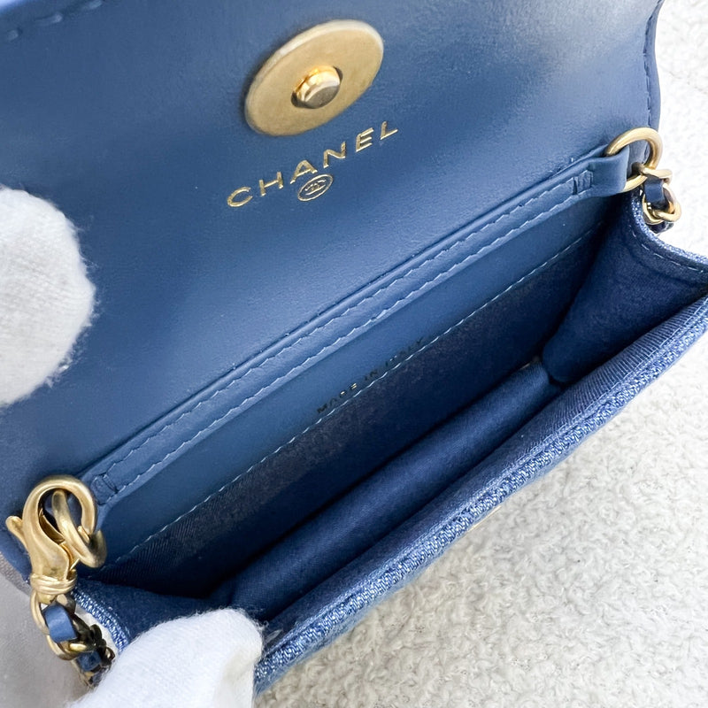 Chanel 22C Pearl Crush Flap Coin Purse / Card Holder in Denim and AGHW