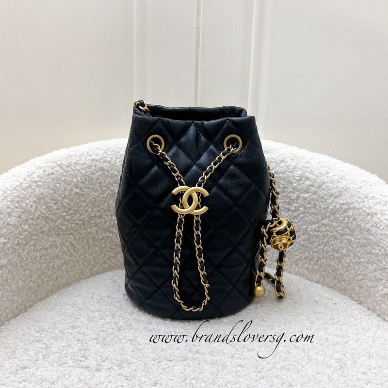 Chanel 22S New Pearl Crush Bucket Bag in Black Lambskin and AGHW