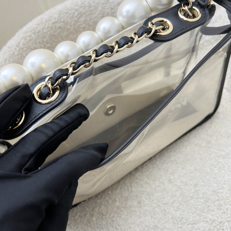 Chanel 19S Coco Sand Flap Bag with Pearls in PVC, Black Leather and LGHW