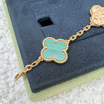 Van Cleef & Arpels VCA Vintage Alhambra 5 Motifs Guilloché Bracelet with Malachite and Diamonds in 18K Yellow Gold