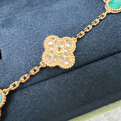 Van Cleef & Arpels VCA Vintage Alhambra 5 Motifs Guilloché Bracelet with Malachite and Diamonds in 18K Yellow Gold