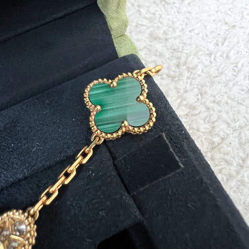 Van Cleef & Arpels VCA Vintage Alhambra 5 Motifs Guilloché Bracelet with Malachite and Diamonds in 18K Yellow Gold