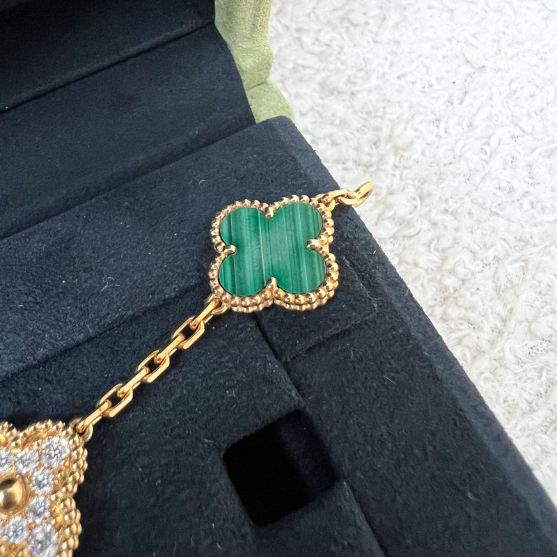 Van Cleef & Arpels VCA Vintage Alhambra 5 Motifs Guilloché Bracelet with Malachite and Diamonds in 18K Yellow Gold