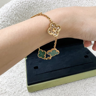 Van Cleef & Arpels VCA Vintage Alhambra 5 Motifs Guilloché Bracelet with Malachite and Diamonds in 18K Yellow Gold