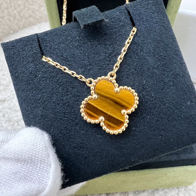 Van Cleef & Arpels VCA Vintage Alhambra Tiger Eye Pendant Necklace in 18K Yellow Gold