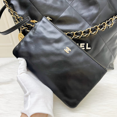 Chanel 22 Small Hobo Bag with White Logo in Black Shiny Calfskin and GHW