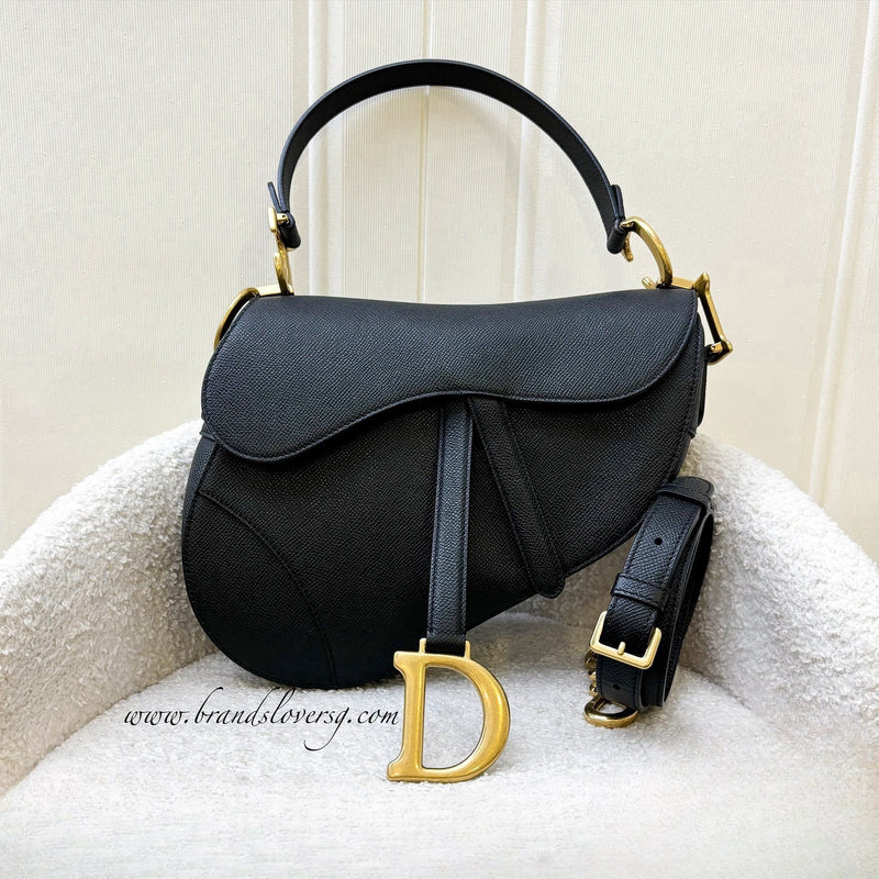 Dior Medium Saddle Bag with Strap in Black Grained Calfskin and AGHW