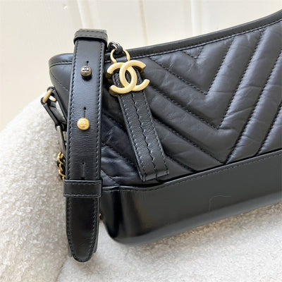 Chanel Small Gabrielle in Chevron Black Distressed Calfskin, Black Base, 3-tone HW