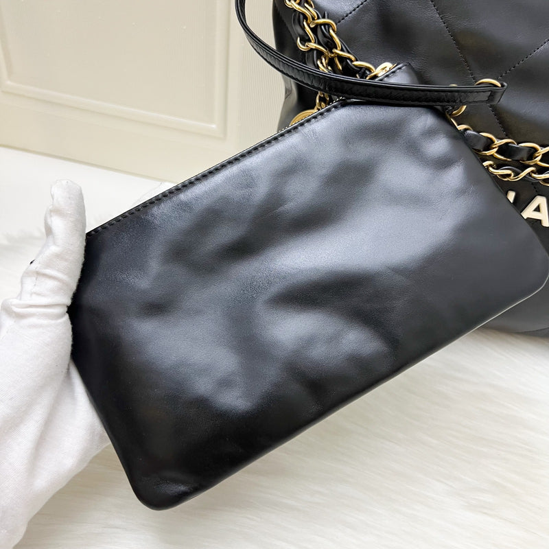 Chanel 22 Small Hobo Bag with White Logo in Black Shiny Calfskin and GHW