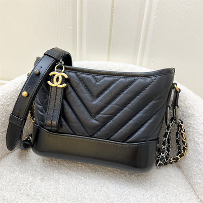 Chanel Small Gabrielle in Chevron Black Distressed Calfskin, Black Base, 3-tone HW