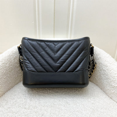 Chanel Small Gabrielle in Chevron Black Distressed Calfskin, Black Base, 3-tone HW