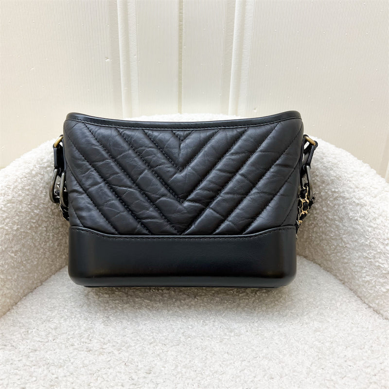 Chanel Small Gabrielle in Chevron Black Distressed Calfskin, Black Base, 3-tone HW